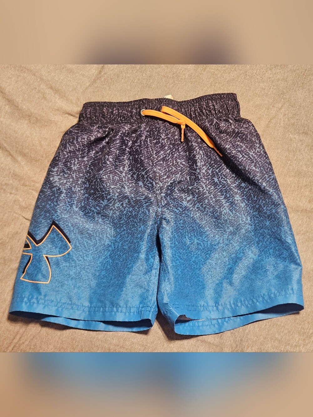 Under Armour Boys Blue Gradient Athletic Shorts with Orange Drawstring